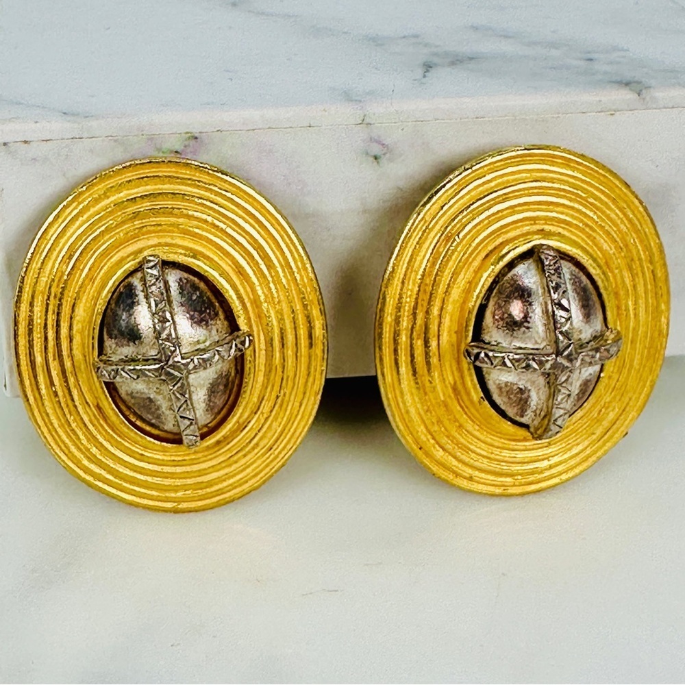 Vintage C. Stein Clip On Earrings Large Matte Gold-Tone Antiqued Silver Oval